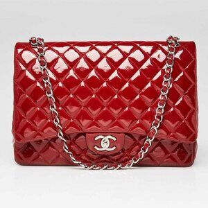 Chanel Red Quilted Patent Leather Classic Maxi Double Flap Bag